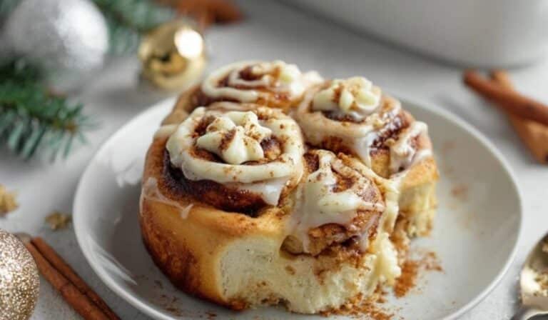 Featured Deliciously Fluffy Gingerbread Cinnamon Rolls on holiday plate