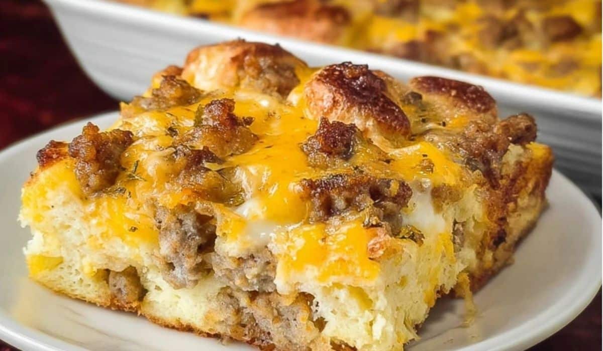 Hearty slice of Sausage Egg McMuffin Casserole Recipe with golden cheese and sausage