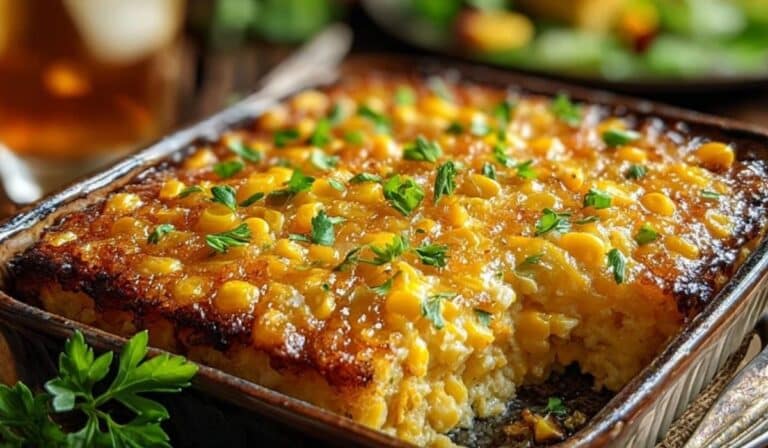 weet Harmony Honey-Glazed Corn Casserole in glass dish topped with herbs