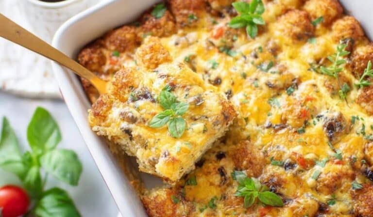 Vegetarian Tater Tot Breakfast Casserole baked until golden with melted cheese and herbs