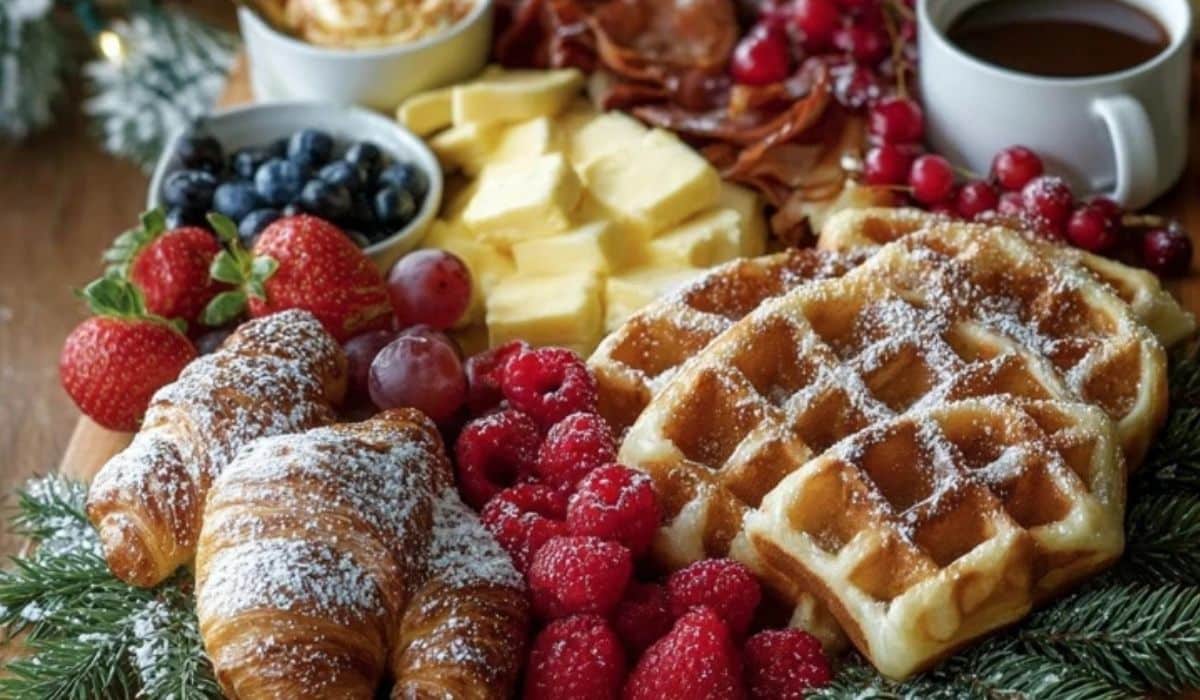 Festive Christmas Breakfast Charcuterie Board with waffles, croissants, berries, and holiday décor
