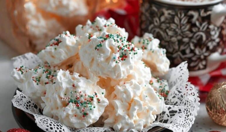 Foolproof No-Cook Divinity Candy in festive lace paper cups with sprinkles
