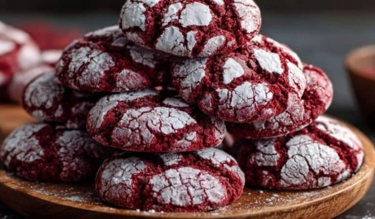 Fudgy Red Velvet Crinkle Cookies stacked on wooden plate dusted with powdered sugar