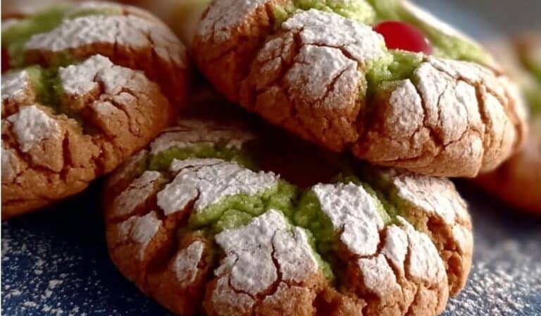 Grinch cookies stacked on a plate with powdered sugar and red heart candy