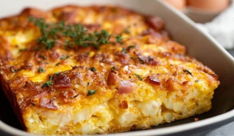 Hashbrown Egg Bake in white casserole dish topped with herbs