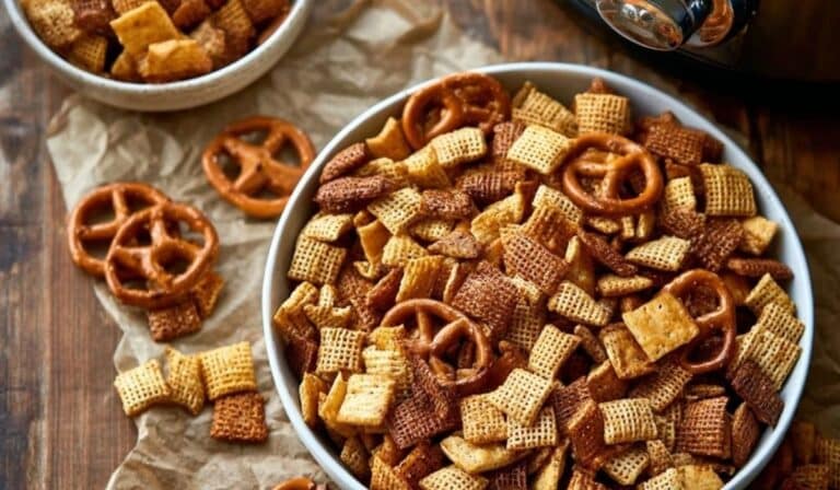 Homemade Chex Mix in a white bowl with pretzels and cereal on parchment paper
