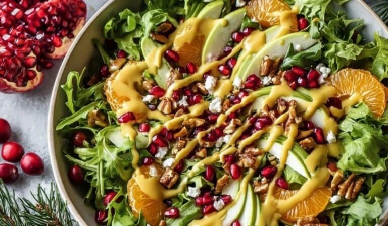 Juicy Christmas Salad with Honey Mustard Dressing in festive bowl with pomegranate and greens