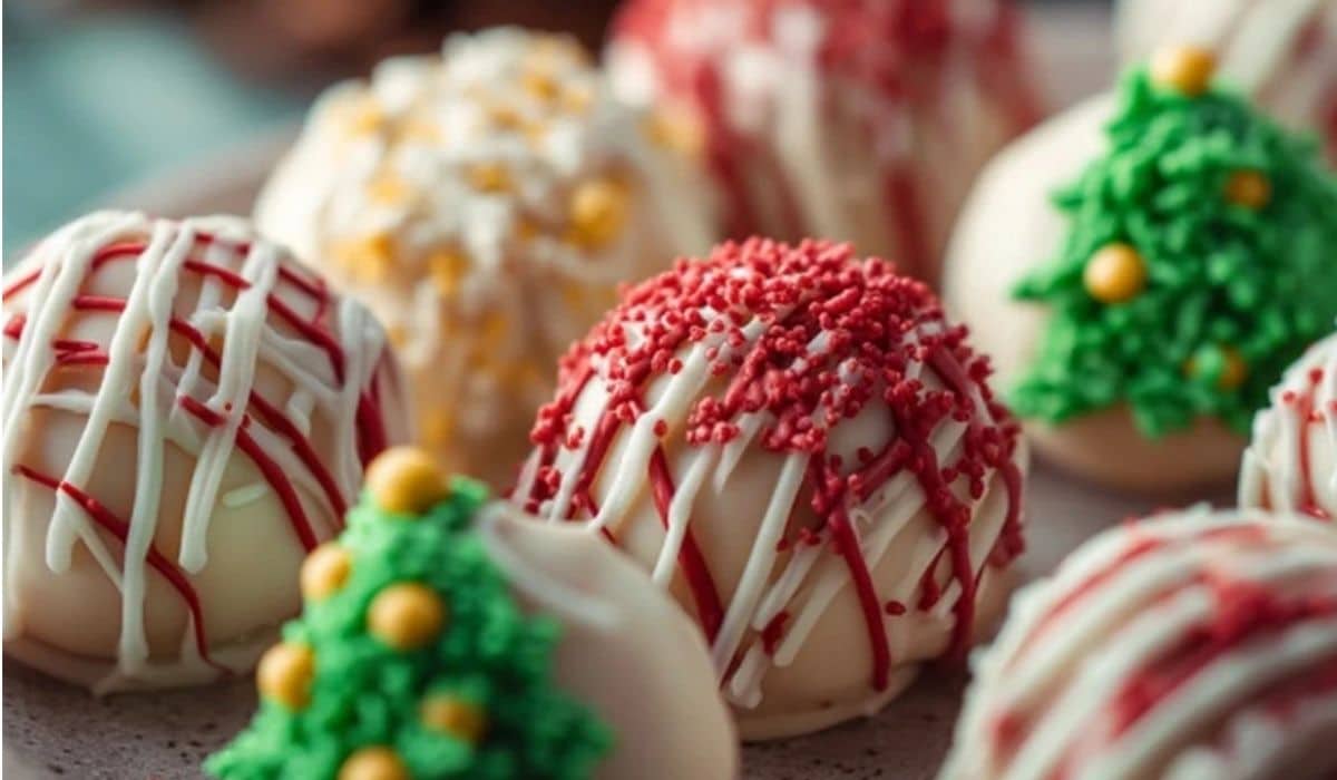 Little Debbie Christmas Tree Cake Truffles decorated with festive sprinkles and drizzled chocolate