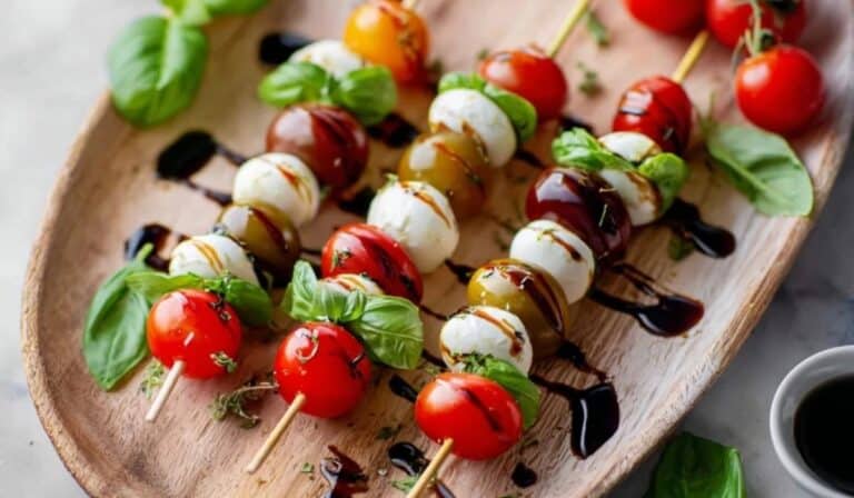Mini Caprese Skewers served on a wooden tray with basil and balsamic glaze