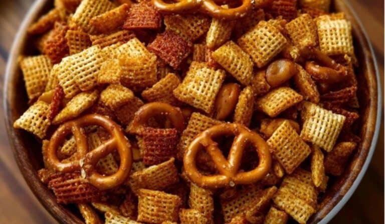 Homemade Ranch Chex Mix in a bowl on a wooden table