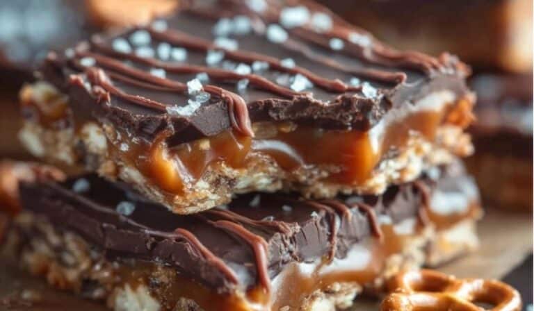 Salted Chocolate and Caramel Pretzel Bars stacked with gooey caramel and sea salt