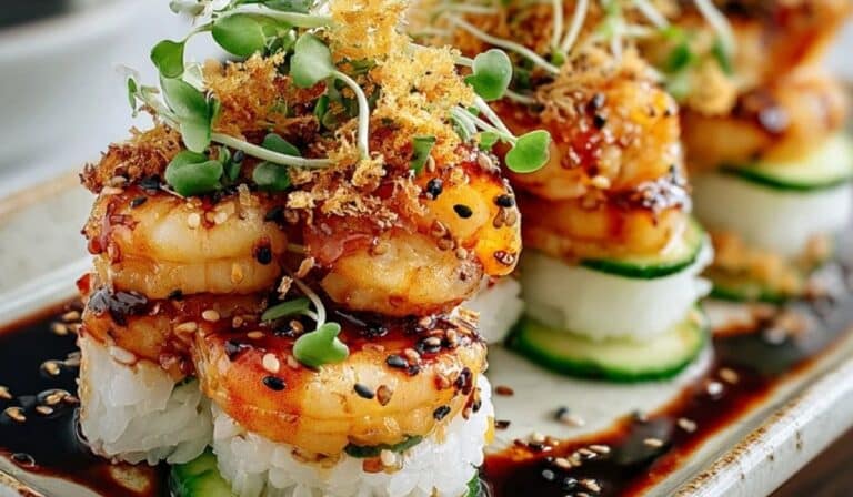 Spicy Shrimp Sushi Stacks layered with rice, cucumber, and chili sauce