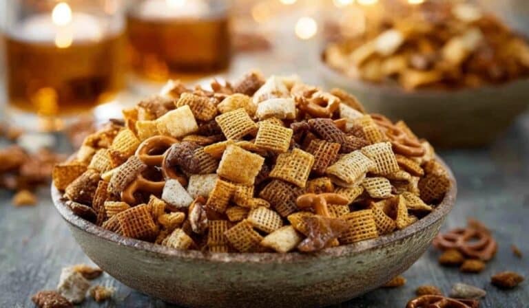 The Best Chex Mix in a rustic serving bowl on a wood table