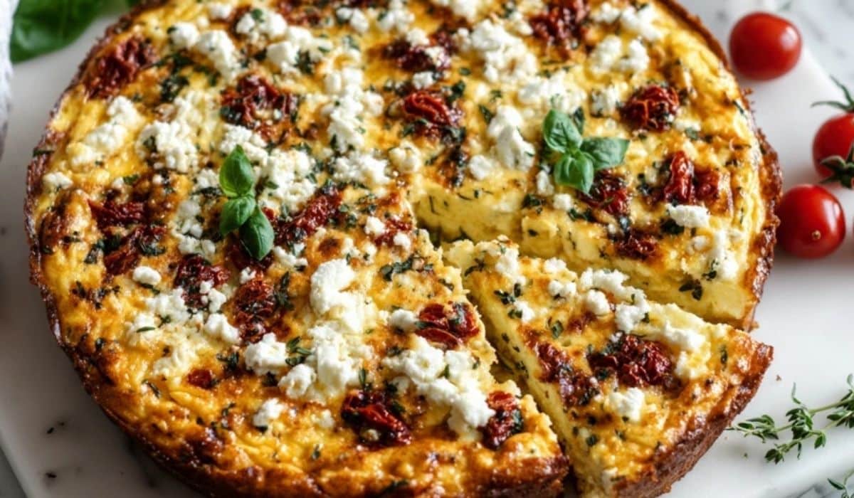 Sundried Tomato and Feta Cottage Cheese Crustless Quiche topped with herbs on a white plate