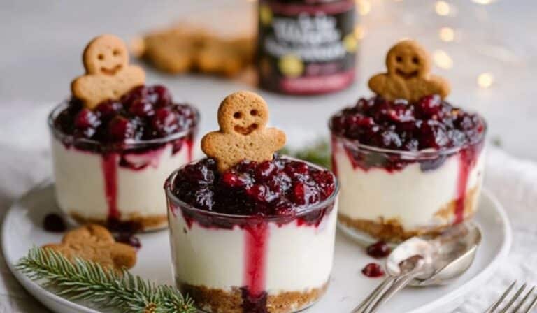 White Chocolate Cheesecakes with Mulled Wine Fruit topped with cranberry compote and gingerbread cookies