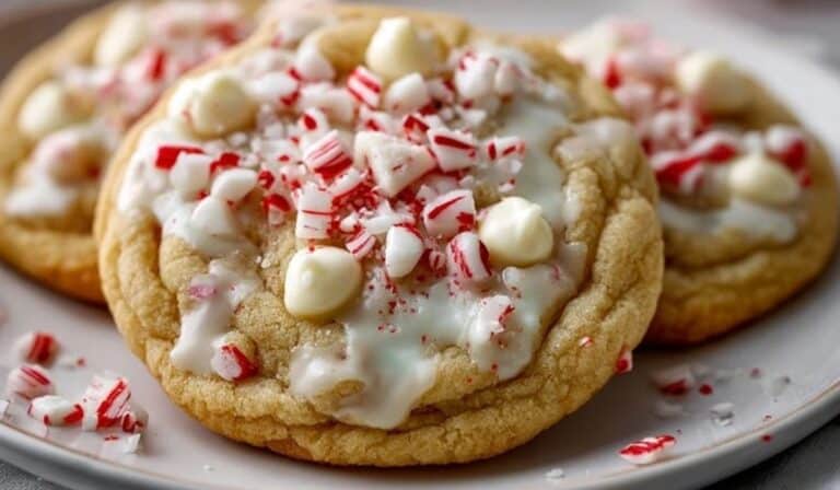 White Chocolate Peppermint Cookie with melted white chocolate and crushed candy cane topping