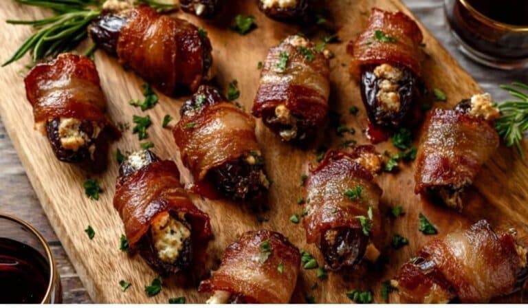 Bacon Wrapped Dates with Goat Cheese served on wooden platter with herbs