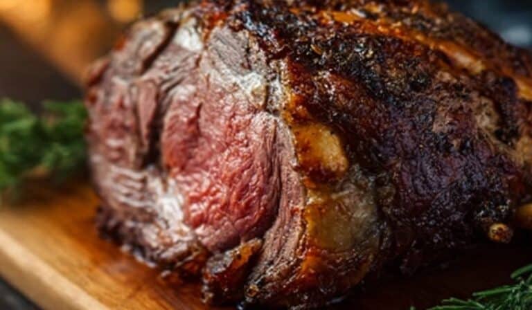 Classic Christmas Prime Rib roast on cutting board with herbs