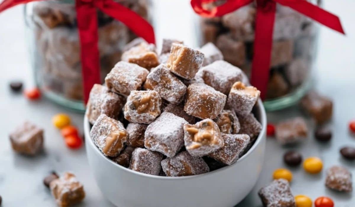 Classic Christmas Toffee packed in glass jars with festive red ribbons
