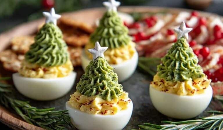 Deviled Egg Christmas Trees with festive stars on a holiday platter
