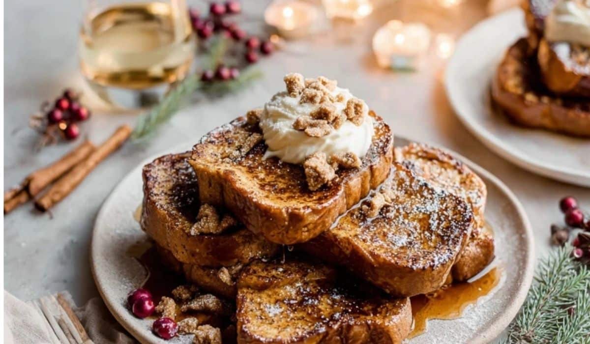 Easiest Gingerbread French Toast served with syrup and cream