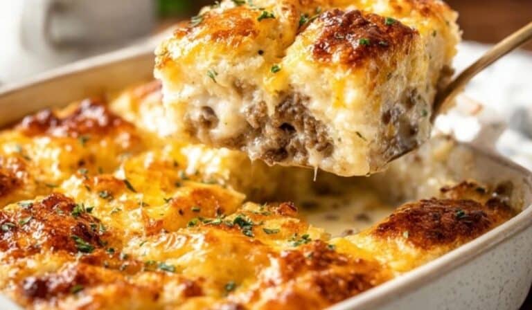 BISCUITS AND Gravy Breakfast Casserole in a rustic white dish with golden crust