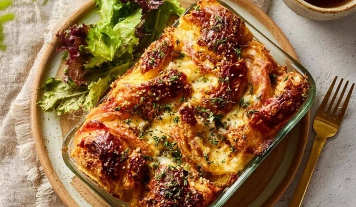 Buttery Croissant Strata served on a rustic plate