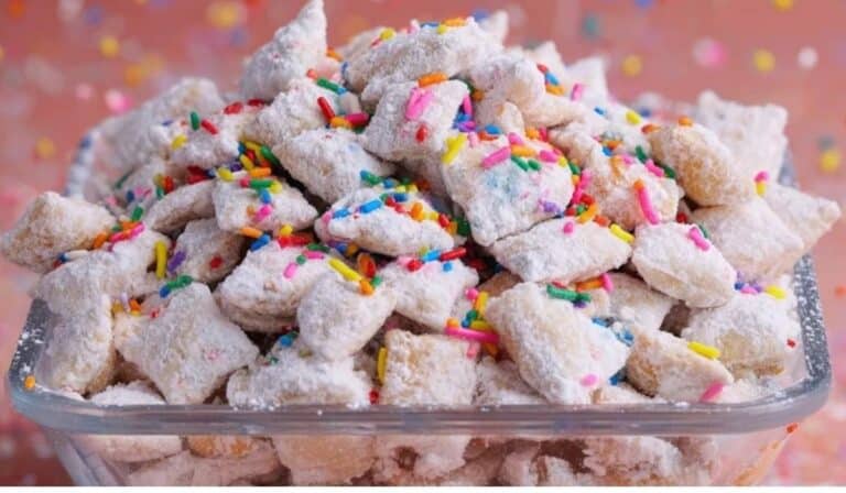 Cake Batter Puppy Chow served in a party bowl