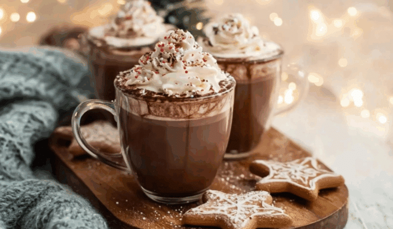 Christmas Chocolate Hot Cups with whipped cream and sprinkles on a wooden tray