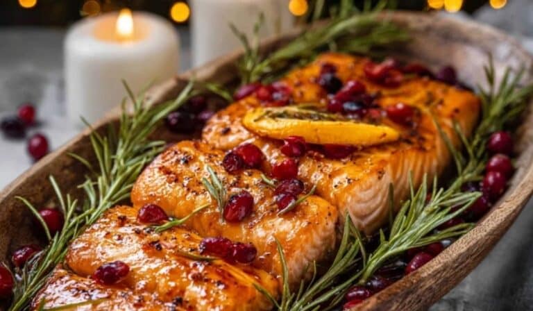 "Christmas salmon served on festive wooden platter with holiday garnishes"
