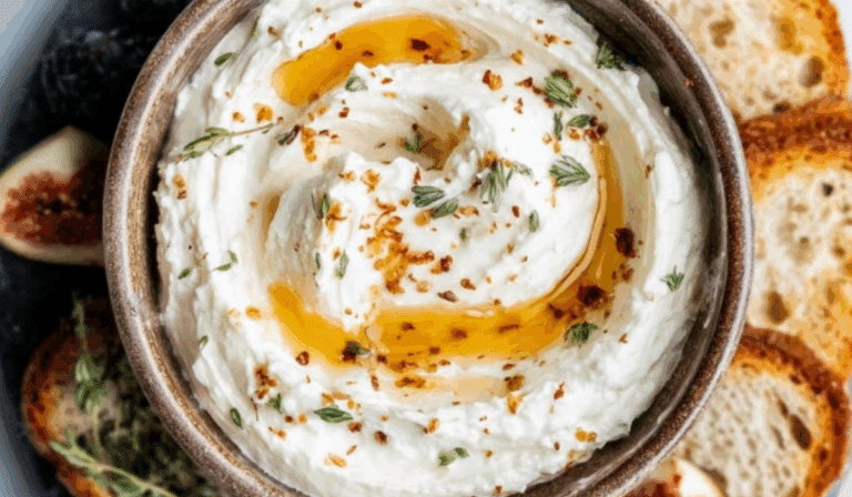 Featured image of creamy Delicious Ricotta Dip with Hot Honey in a rustic bowl with herbs and toast