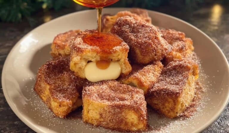 Eggnog French Toast Bites stacked on a plate with syrup drizzle