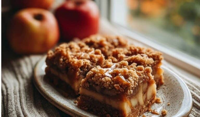 Salted Caramel Apple Crumble Bar served on a rustic plate with caramel drizzle