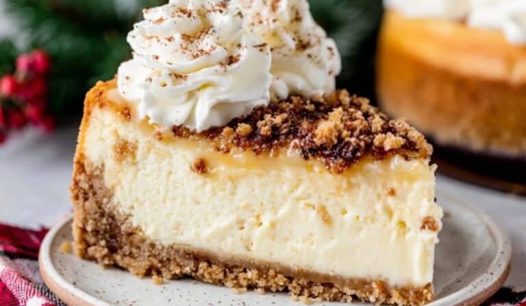 Sugar Cookie Cheesecake slice served with whipped cream and cookie wedge