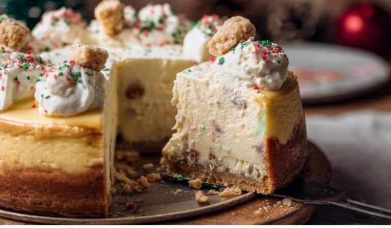 Sugar Cookie Cheesecake served on a rustic cake stand