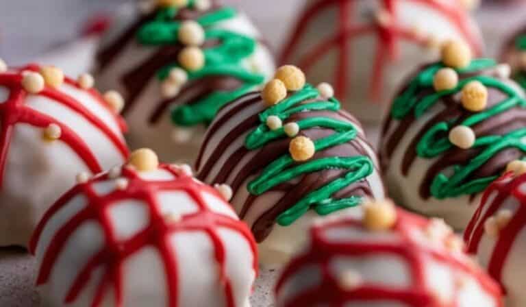 Close-up of The Best Little Debbie Christmas Tree Cake Truffles with red and green drizzle