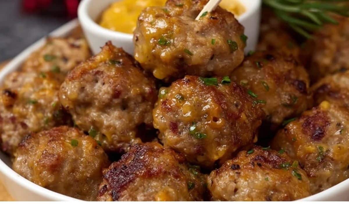 Stuffing Sausage Balls served on a white plate with golden crust and dipping sauce