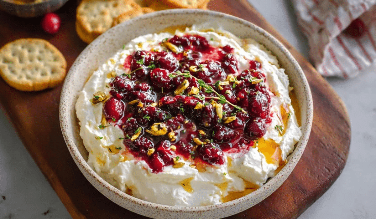 The Best Cranberry Whipped Feta Dip topped with fresh cranberry sauce and pistachios
