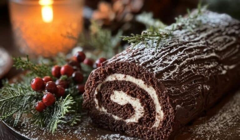 Traditional Chocolate Yule Log Recipe with festive garnishes and powdered sugar