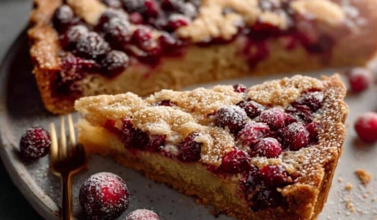 Cranberry Frangipane Tart served on rustic plate