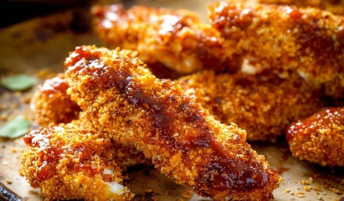 Baked Honey BBQ Chicken Fingers served with BBQ drizzle