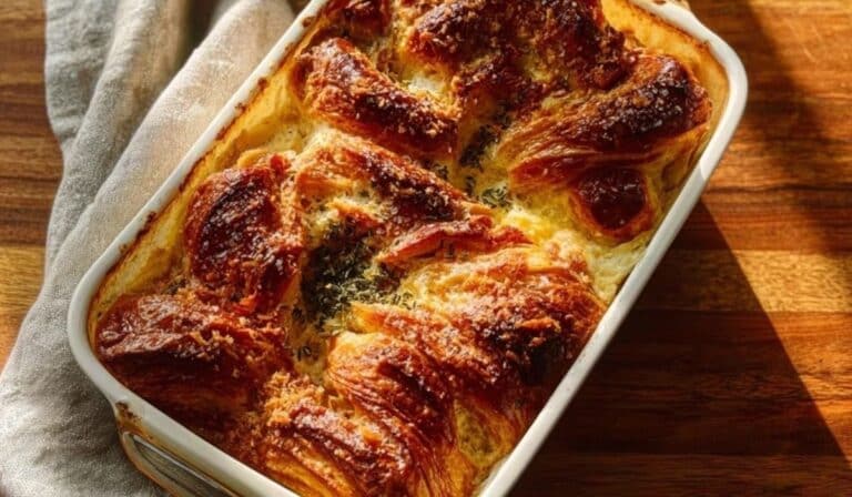 Buttery Croissant Strata served warm on a white ceramic plate