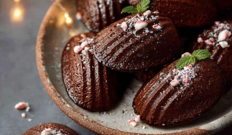 Chocolate Peppermint Madeleines served on a rustic holiday table