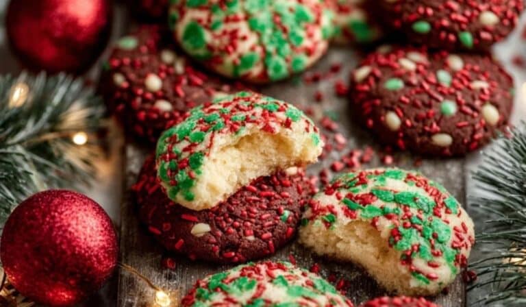 Christmas Cookie Sparkles on festive tray with holiday lights