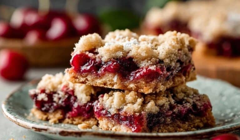 Crumb-Topped Cherry Pie Bars served on a rustic vintage plate