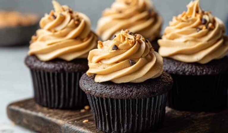 Dark Chocolate Cupcakes with Creamy Peanut Butter Frosting beautifully served