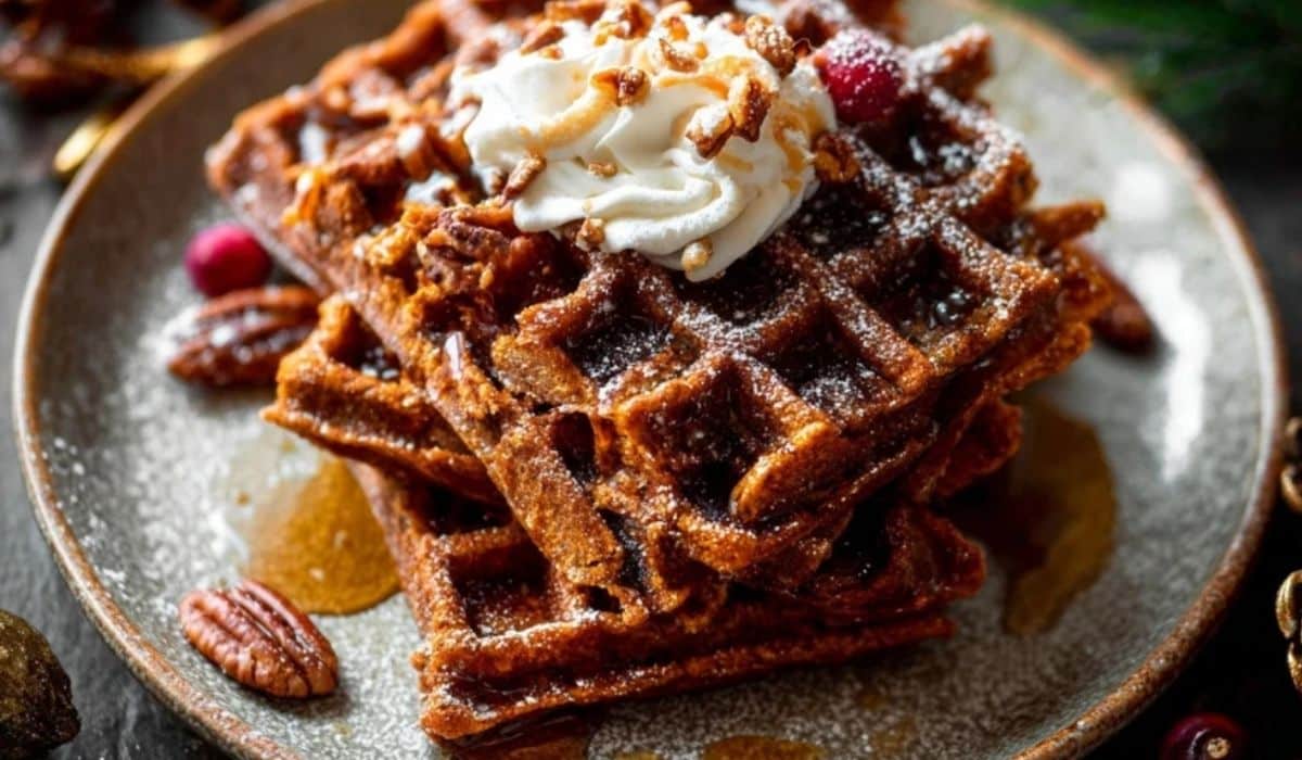 Easy Gingerbread Waffles served with syrup and whipped cream