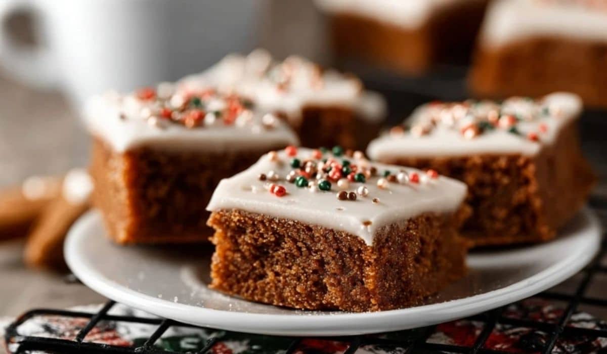 Gingerbread cookie bars served on a festive holiday plate