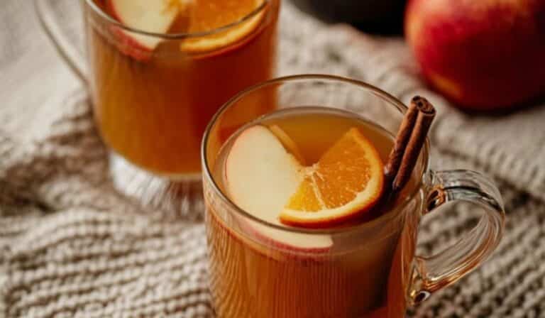 Homemade apple cider served warm in rustic mugs