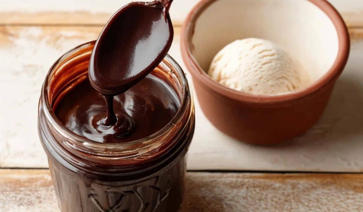 Homemade hot fudge sauce served in a glass jar with spoon